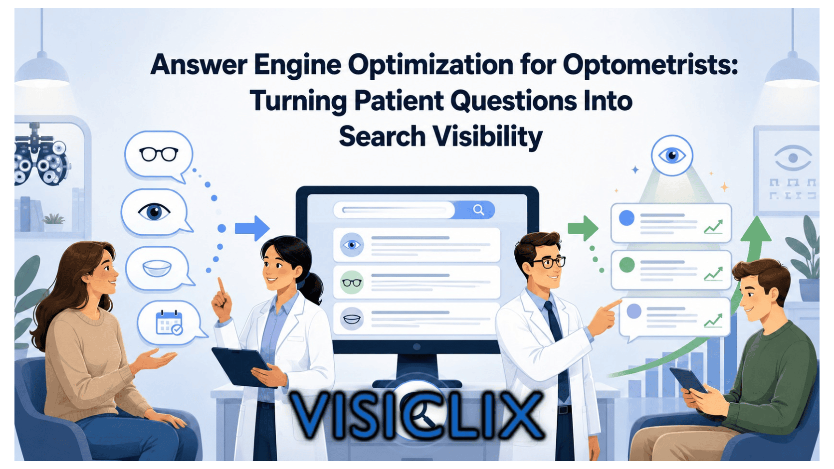 Flat vector illustration of optometrists turning patient eye care questions into search visibility through digital search results and answer cards.