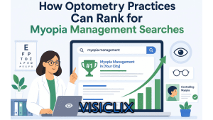 Flat vector illustration of an optometrist using a laptop with a search page for myopia management, SEO ranking elements, an upward growth graph, and eye care icons beneath the title "How Optometry Practices Can Rank for Myopia Management Searches."