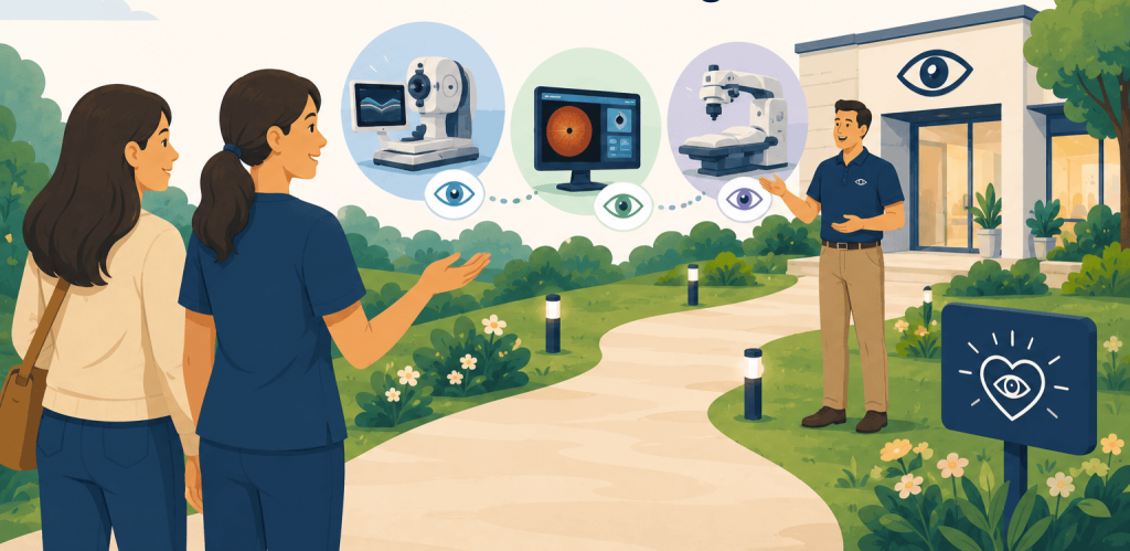Flat vector illustration of two patients being guided by a male eye-care staff member toward a modern eye clinic, with several eye-care technology devices shown along the path.