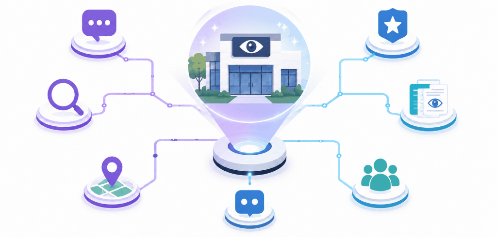 Flat vector illustration of a modern eye clinic connected by a digital network to icons representing AI search, patient research, reviews, online content, location, and communication.