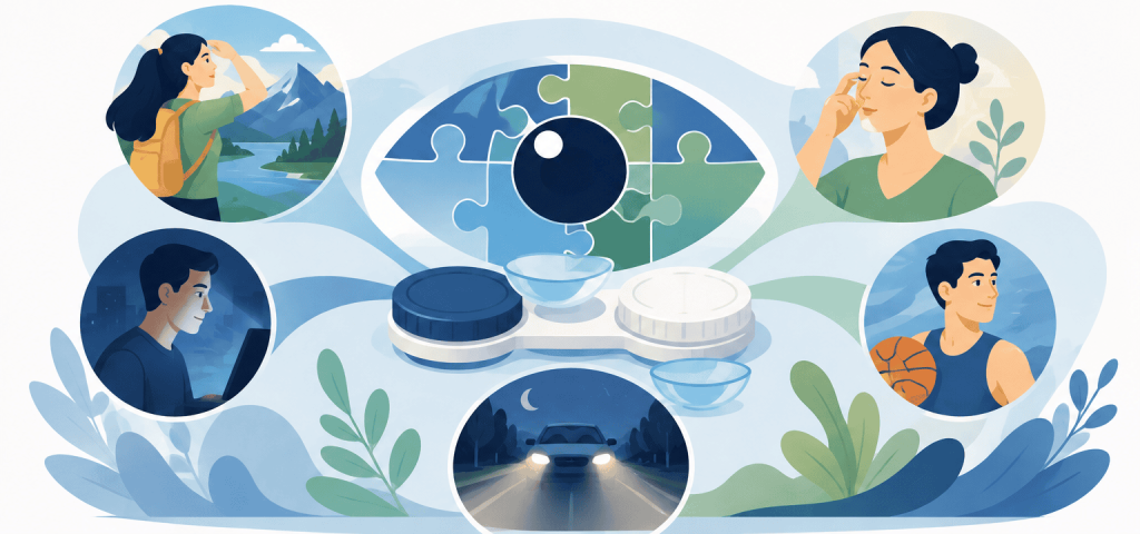 Flat vector illustration of a specialty contact lens surrounded by scenes representing outdoor activities, screen use, eye care, sports, and nighttime driving.