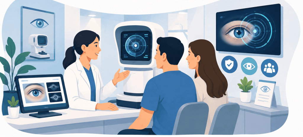 Flat vector illustration of an eye-care professional presenting a modern diagnostic device to two patients inside an optometry clinic, with eye-imaging technology displayed around them.