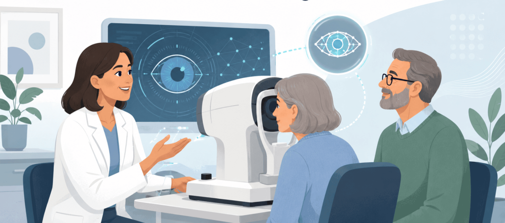 Flat vector illustration of an eye doctor explaining an AI-assisted eye exam to two patients in an optometry clinic, with a modern diagnostic machine and eye-imaging graphics shown in the background.
