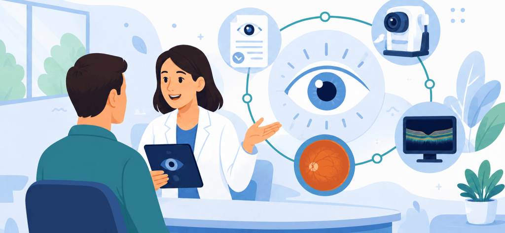 Flat vector illustration of an eye doctor explaining diagnostic eye technology to a patient in a clinic, with eye scan visuals, retinal imagery, and modern testing equipment shown around them.