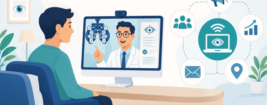Flat vector illustration of a patient having a remote eye consultation with an optometrist on a desktop screen, with teleoptometry marketing icons for outreach, email, location, audience, and growth beside them.