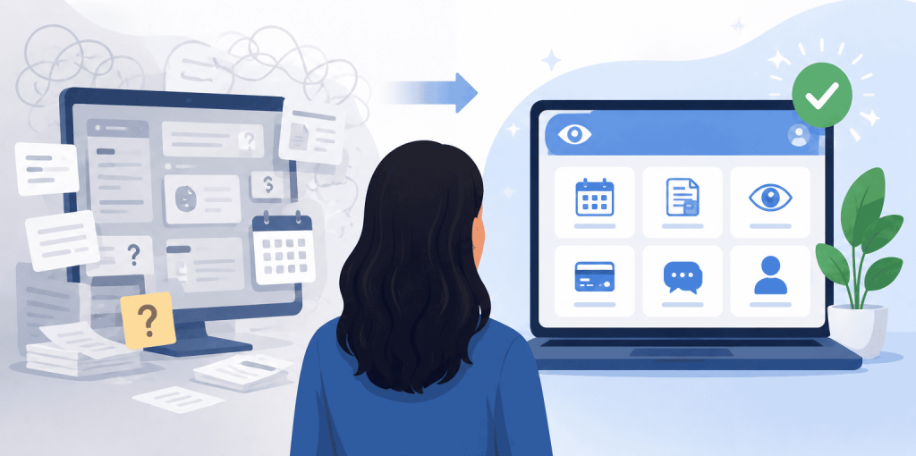 Flat vector illustration showing a patient comparing a confusing, cluttered eye clinic portal with a cleaner, easier-to-use portal dashboard, representing an improved patient portal experience.
