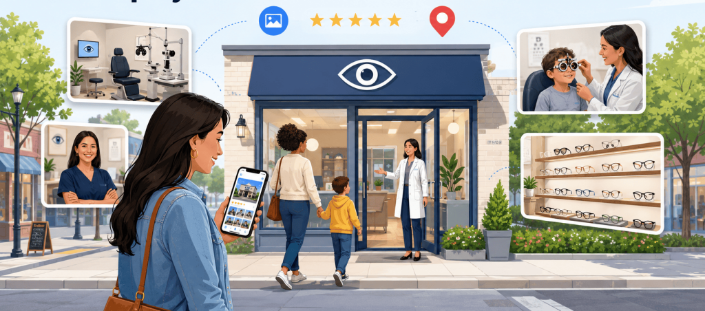 Flat vector illustration of an eye clinic storefront with Google Business Profile photo previews, star ratings, a location pin, and patients viewing clinic photos before visiting.