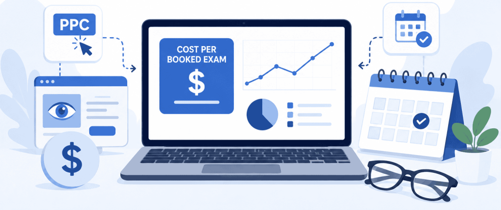 Flat vector illustration showing a PPC ad flow connected to an eye exam booking calendar and an analytics dashboard, representing how eye clinics measure the cost of each booked exam from paid campaigns.
