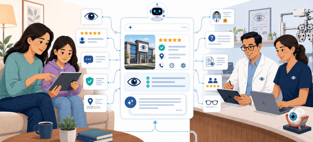 Flat vector illustration of a parent and child researching an eye clinic with AI-assisted search while an eye doctor and clinic staff appear beside digital trust signals, reviews, clinic details, and patient research cards.