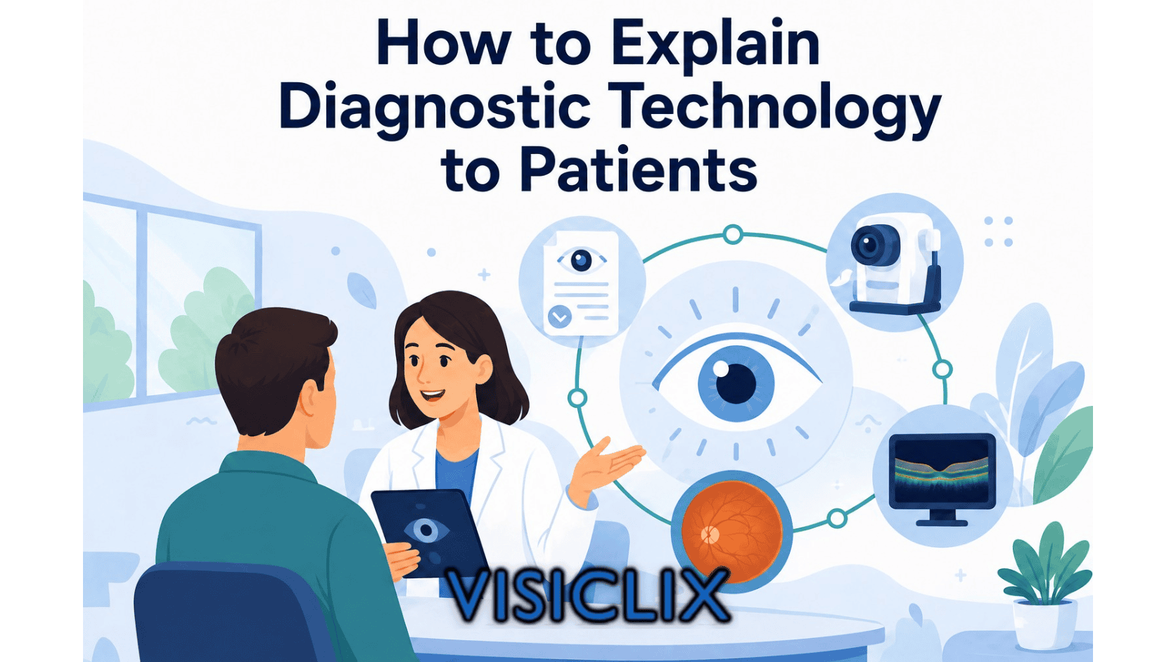 Flat vector illustration of an eye doctor explaining diagnostic eye technology to a patient in a clinic, with eye scan visuals, retinal imagery, and modern testing equipment shown around them.