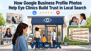 Flat vector illustration of an eye clinic storefront with Google Business Profile photo previews, star ratings, a location pin, and patients viewing clinic photos before visiting.