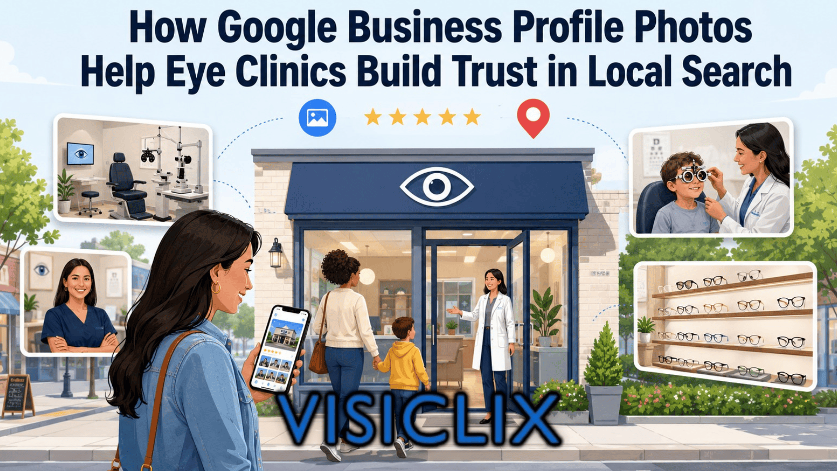 Flat vector illustration of an eye clinic storefront with Google Business Profile photo previews, star ratings, a location pin, and patients viewing clinic photos before visiting.