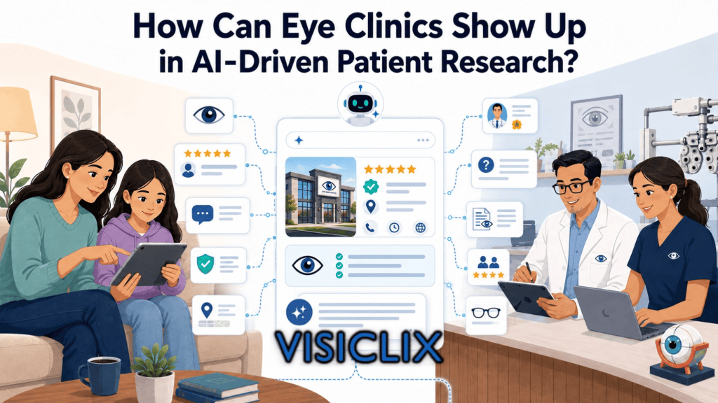 Flat vector illustration of a parent and child researching an eye clinic with AI-assisted search while an eye doctor and clinic staff appear beside digital trust signals, reviews, clinic details, and patient research cards.