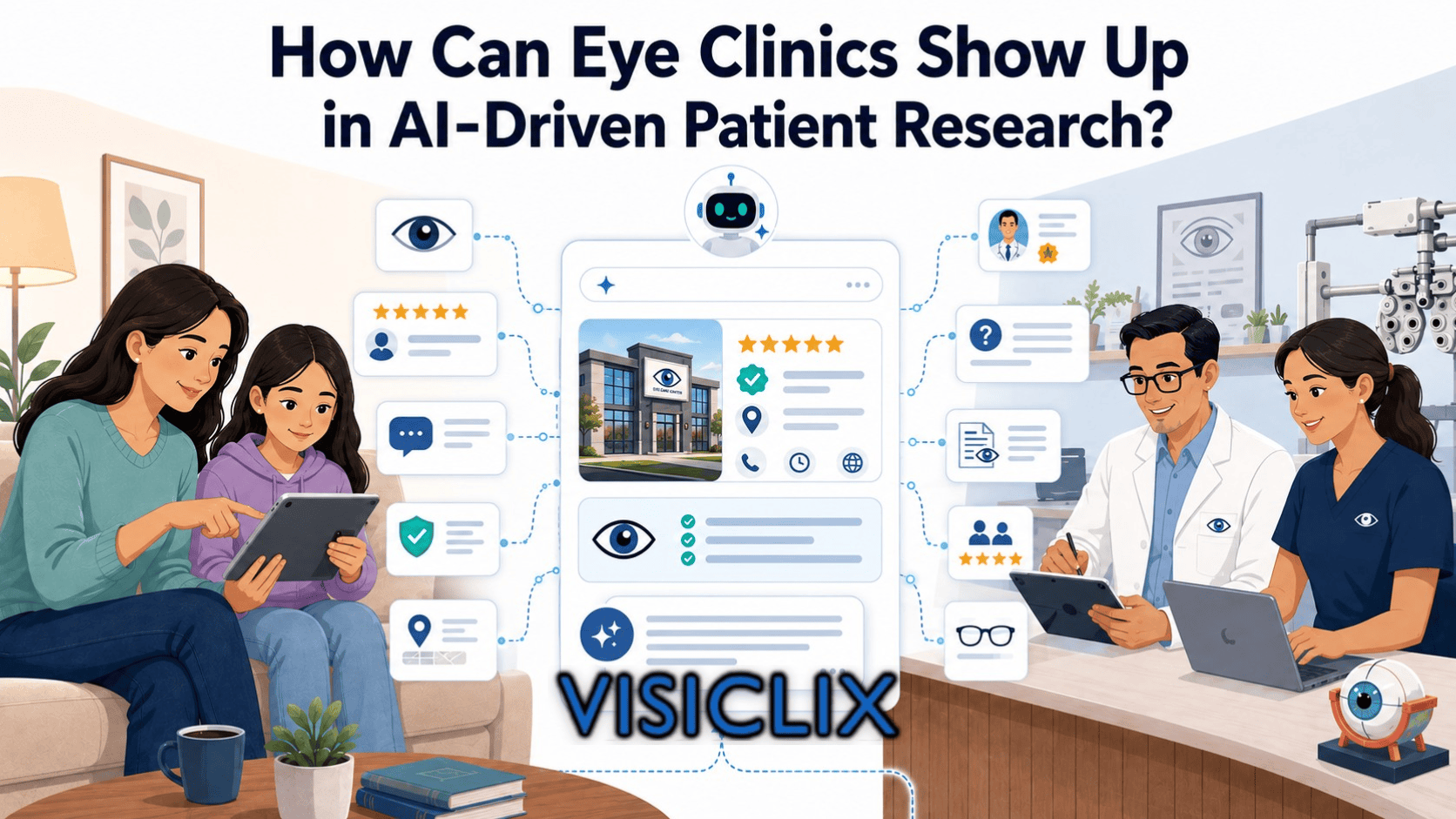 Flat vector illustration of a parent and child researching an eye clinic with AI-assisted search while an eye doctor and clinic staff appear beside digital trust signals, reviews, clinic details, and patient research cards.