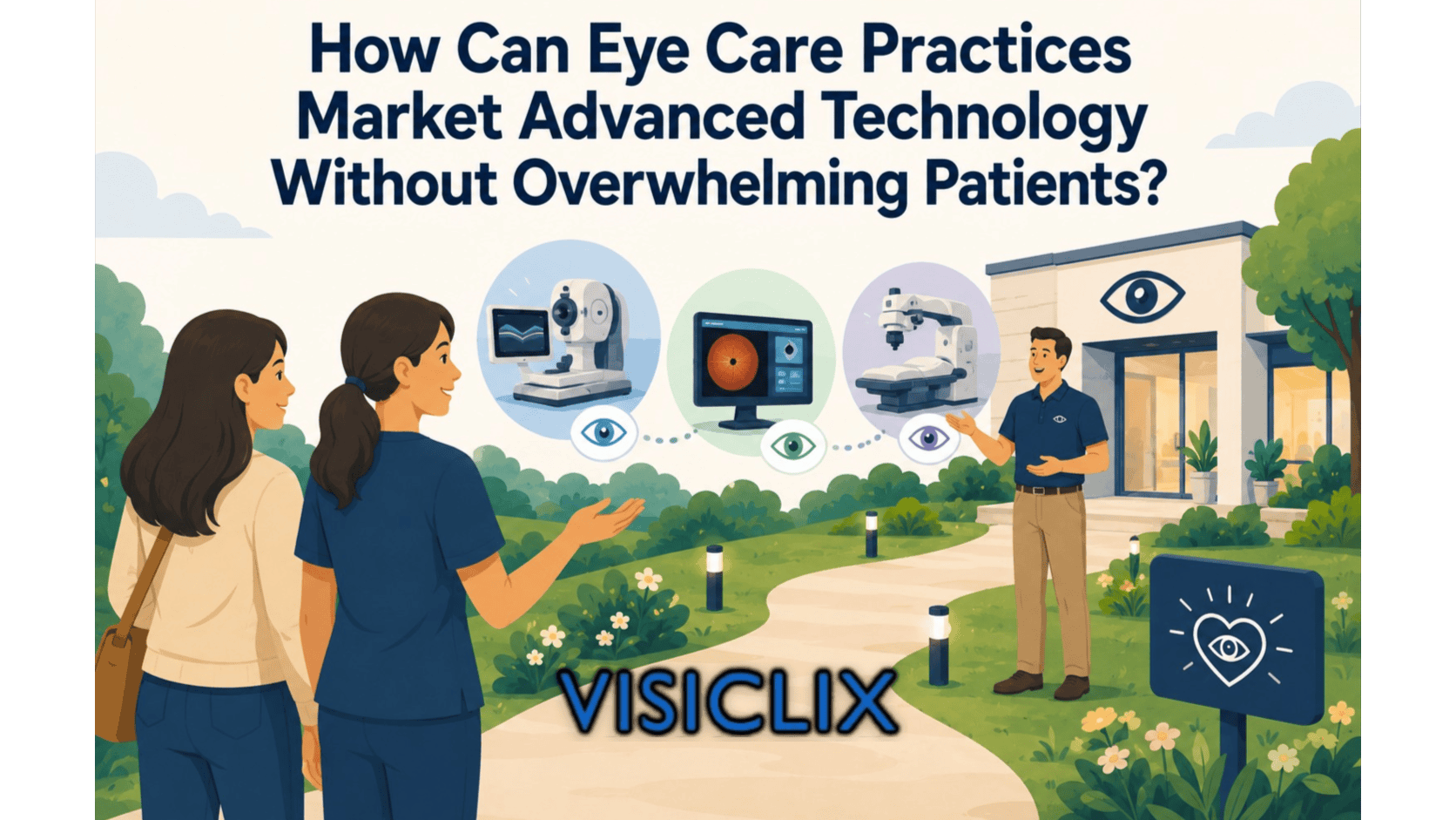 Flat vector illustration of two patients being guided by a male eye-care staff member toward a modern eye clinic, with several eye-care technology devices shown along the path.