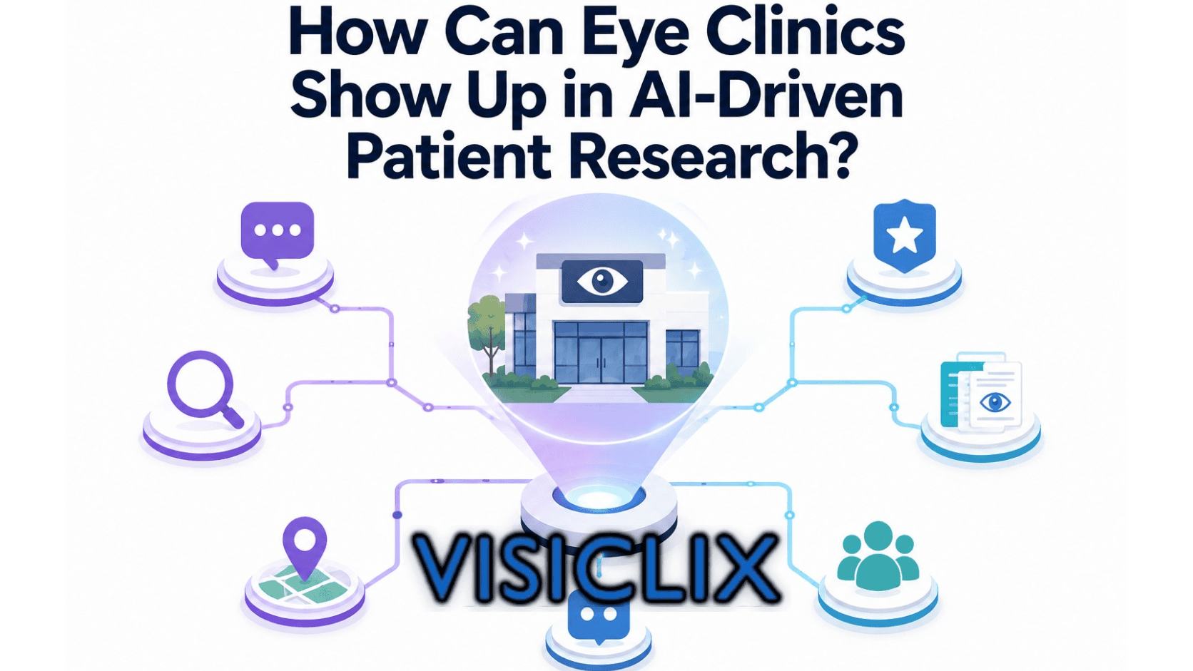 Flat vector illustration of a modern eye clinic connected by a digital network to icons representing AI search, patient research, reviews, online content, location, and communication.