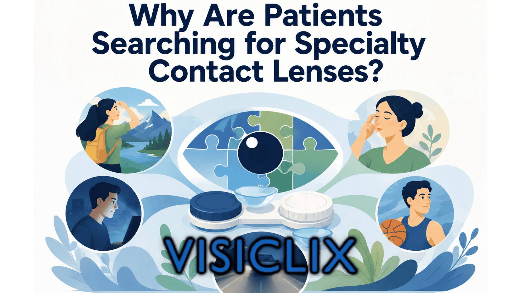 Flat vector illustration of a specialty contact lens surrounded by scenes representing outdoor activities, screen use, eye care, sports, and nighttime driving.