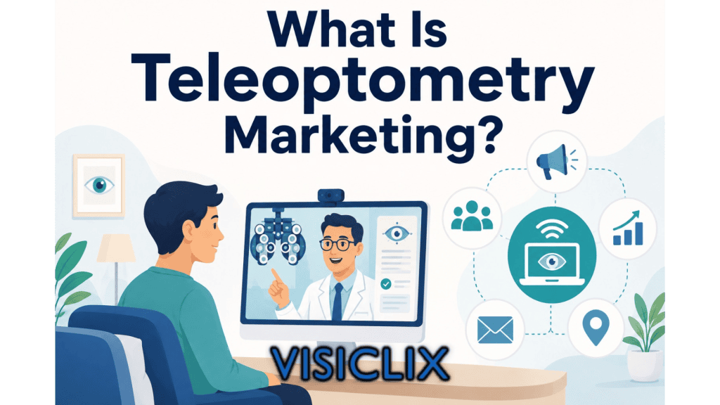 Flat vector illustration of a patient having a remote eye consultation with an optometrist on a desktop screen, with teleoptometry marketing icons for outreach, email, location, audience, and growth beside them.
