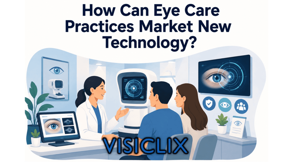 Flat vector illustration of an eye-care professional presenting a modern diagnostic device to two patients inside an optometry clinic, with eye-imaging technology displayed around them.
