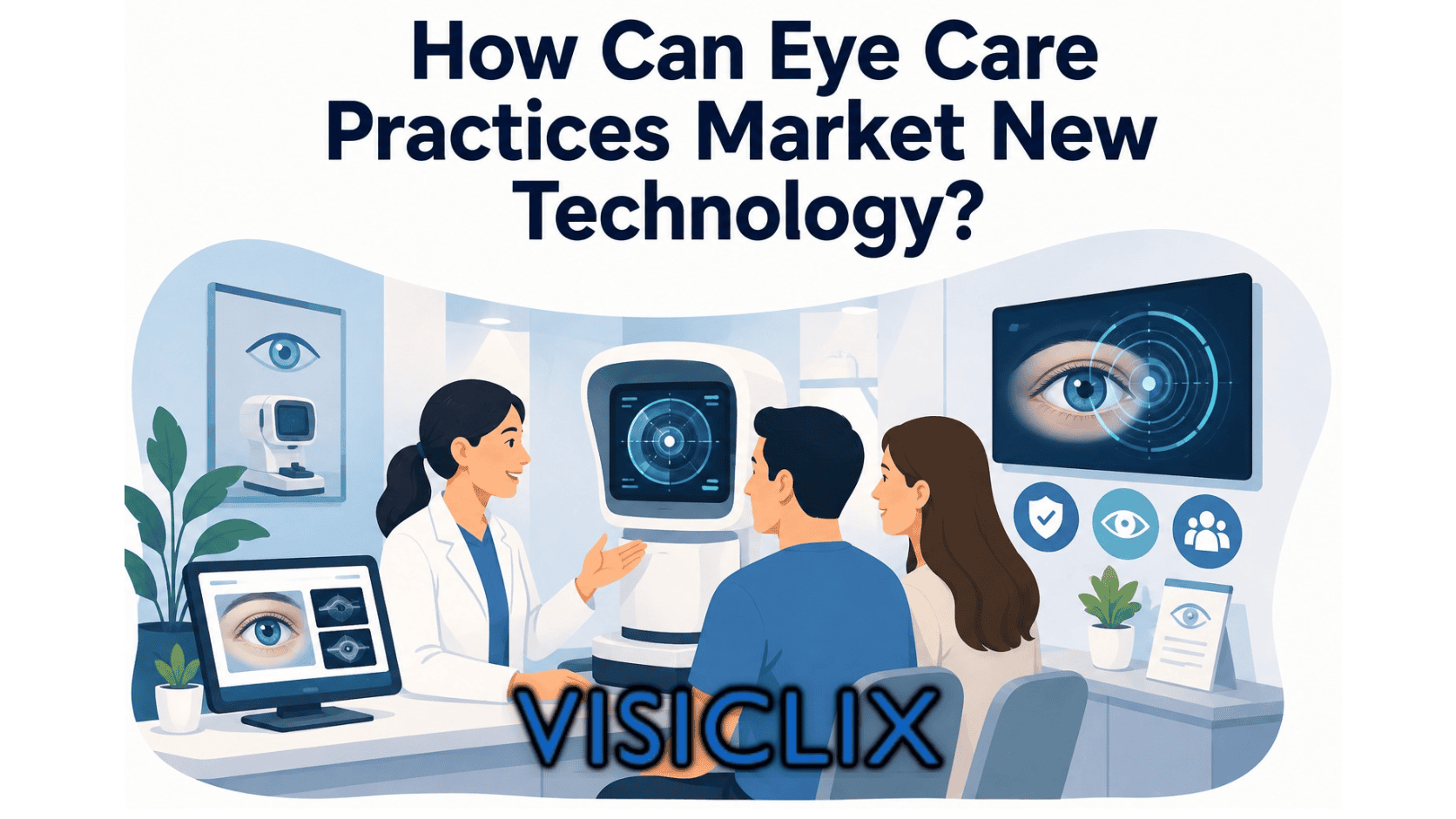 Flat vector illustration of an eye-care professional presenting a modern diagnostic device to two patients inside an optometry clinic, with eye-imaging technology displayed around them.