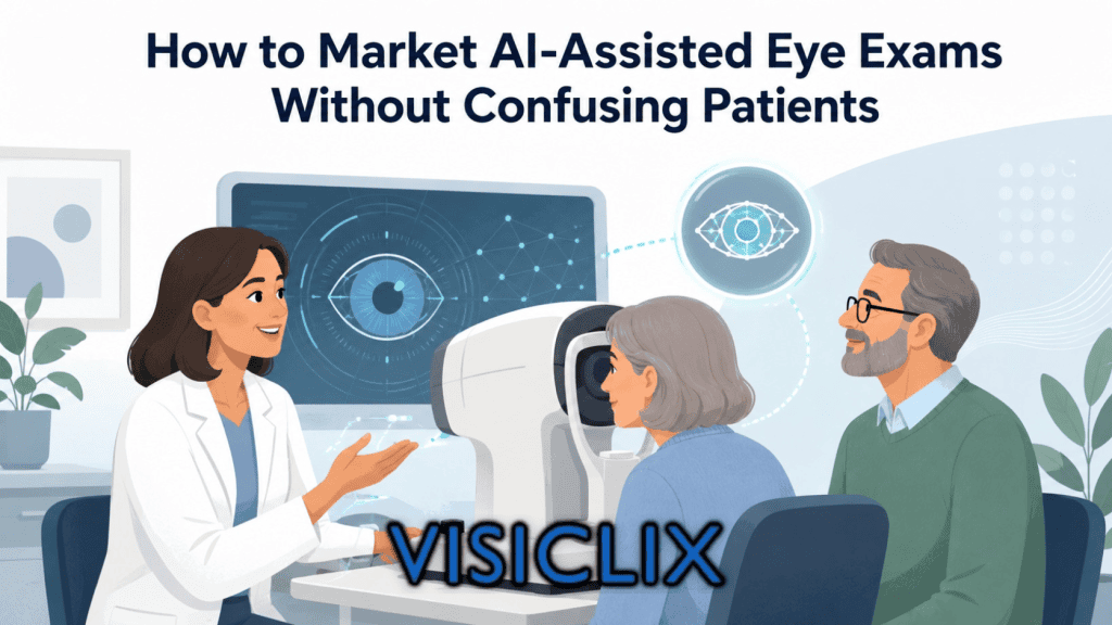 Flat vector illustration of an eye doctor explaining an AI-assisted eye exam to two patients in an optometry clinic, with a modern diagnostic machine and eye-imaging graphics shown in the background.