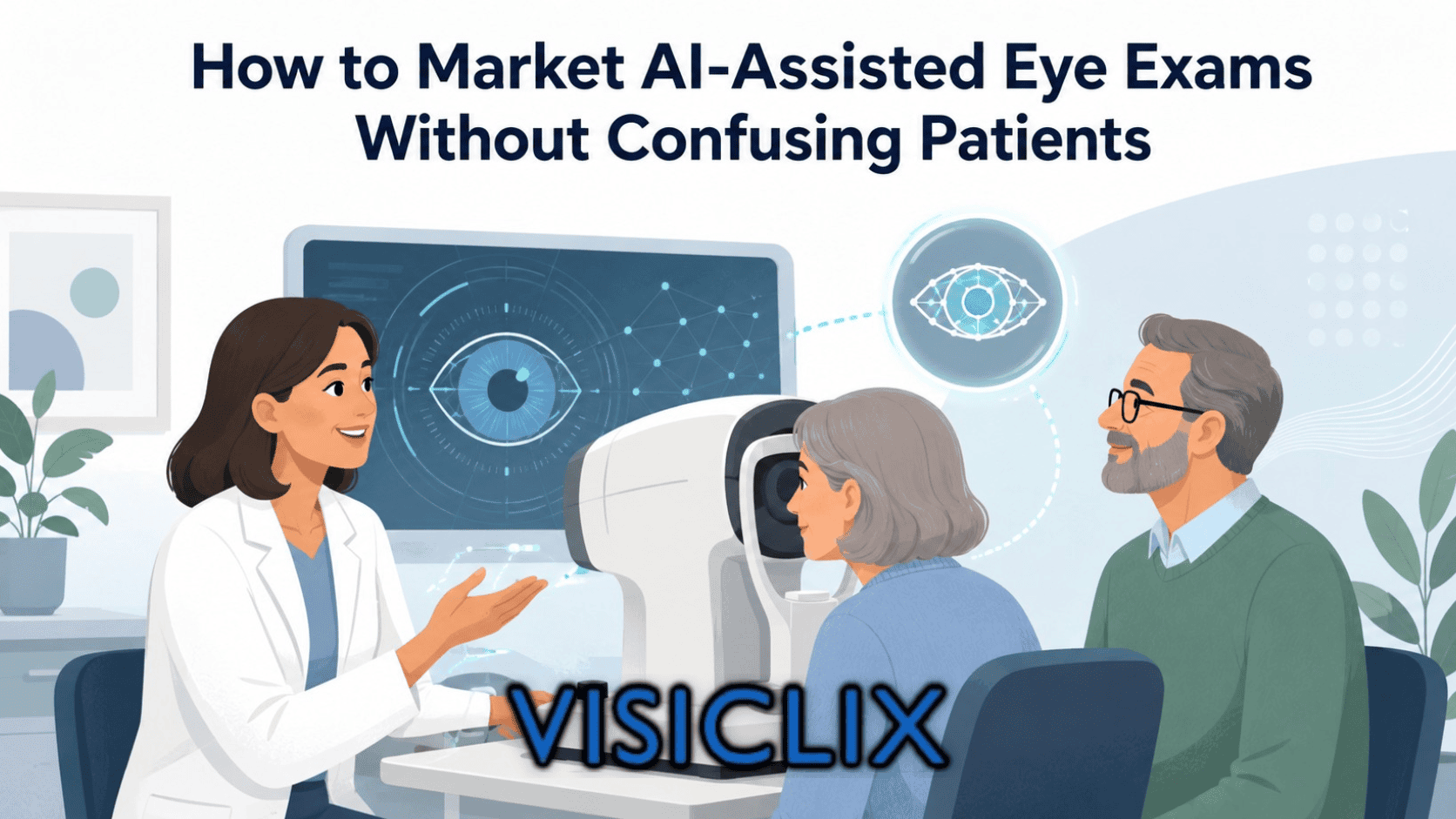 Flat vector illustration of an eye doctor explaining an AI-assisted eye exam to two patients in an optometry clinic, with a modern diagnostic machine and eye-imaging graphics shown in the background.