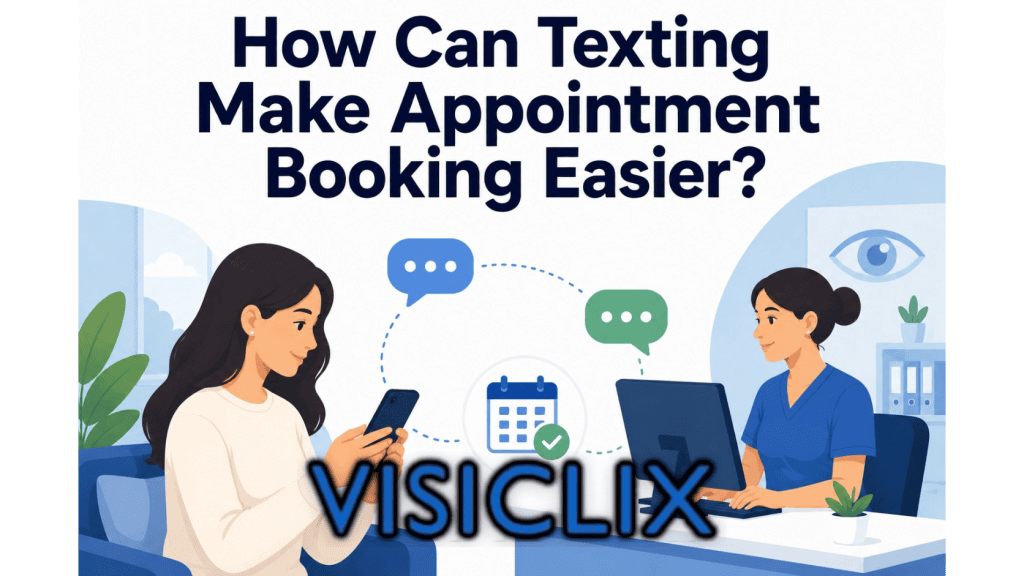 Flat vector illustration showing a patient using a phone to message an eye clinic receptionist, with simple chat bubble icons and a calendar checkmark representing easier appointment booking.