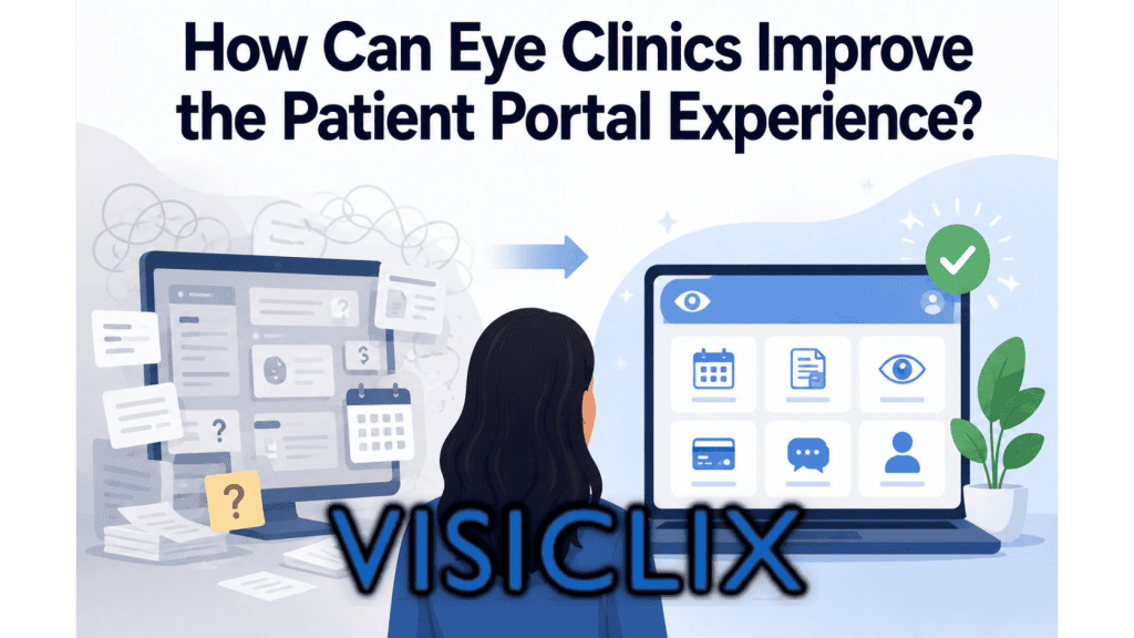 Flat vector illustration showing a patient comparing a confusing, cluttered eye clinic portal with a cleaner, easier-to-use portal dashboard, representing an improved patient portal experience.