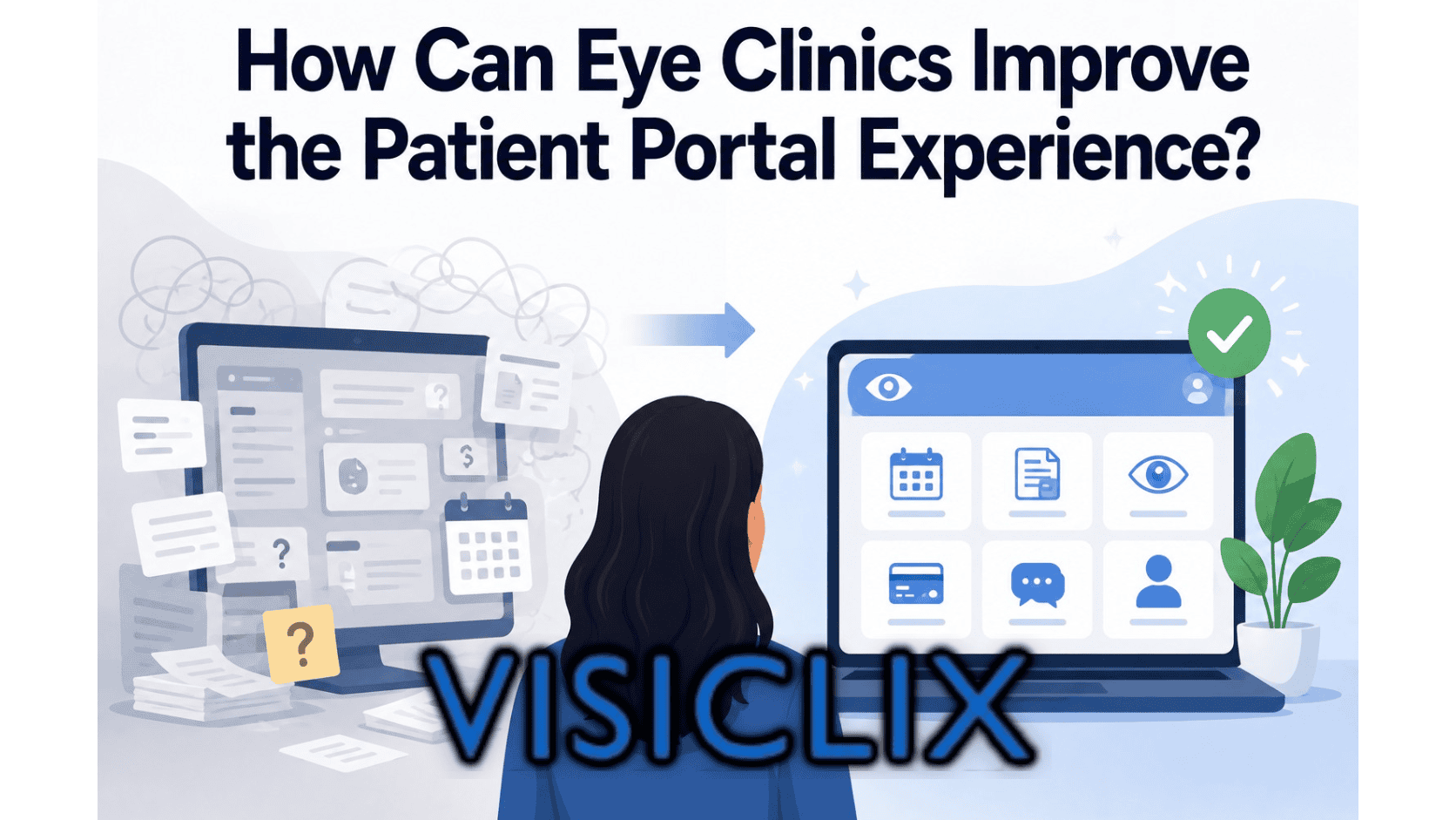 Flat vector illustration showing a patient comparing a confusing, cluttered eye clinic portal with a cleaner, easier-to-use portal dashboard, representing an improved patient portal experience.