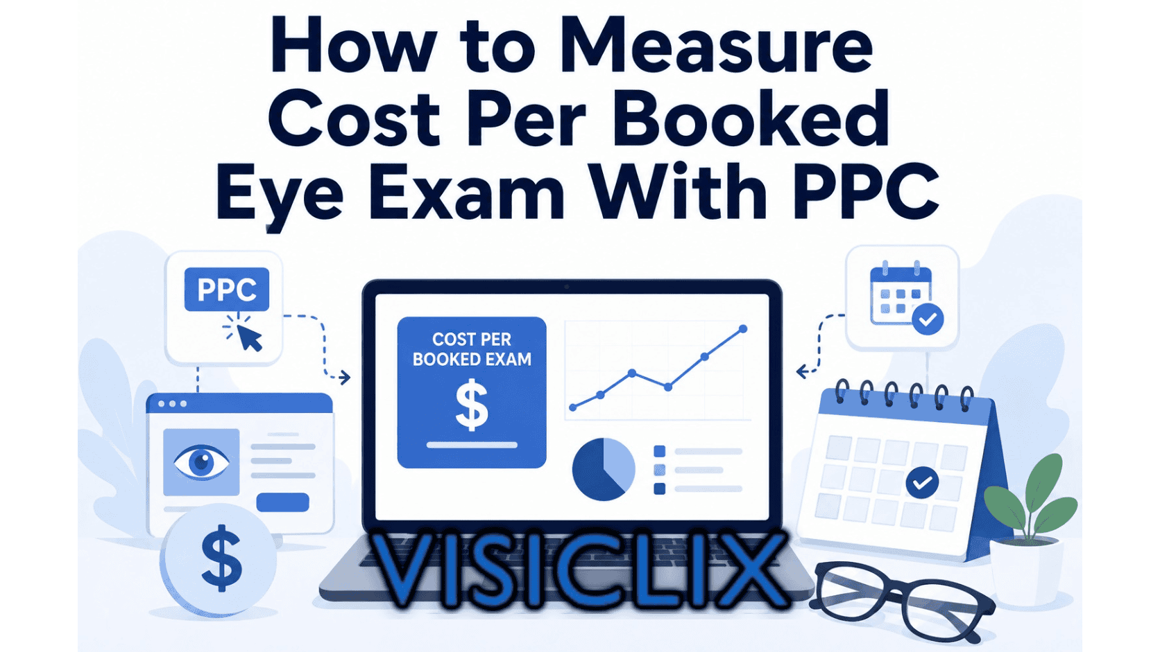 Flat vector illustration showing a PPC ad flow connected to an eye exam booking calendar and an analytics dashboard, representing how eye clinics measure the cost of each booked exam from paid campaigns.