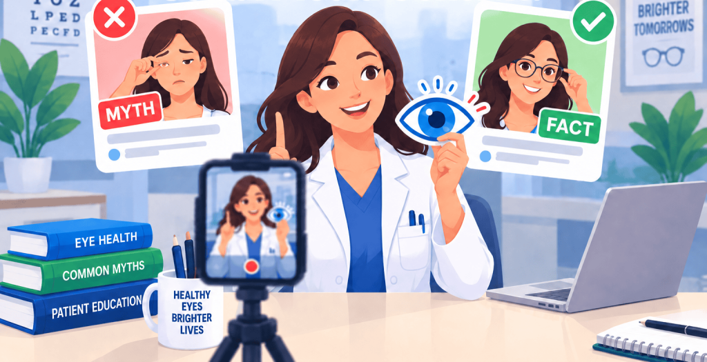 Flat vector illustration of an eye-care professional recording social media content about eye care myths, with myth and fact cards, an eye prop, clinic elements, and a smartphone recording setup.