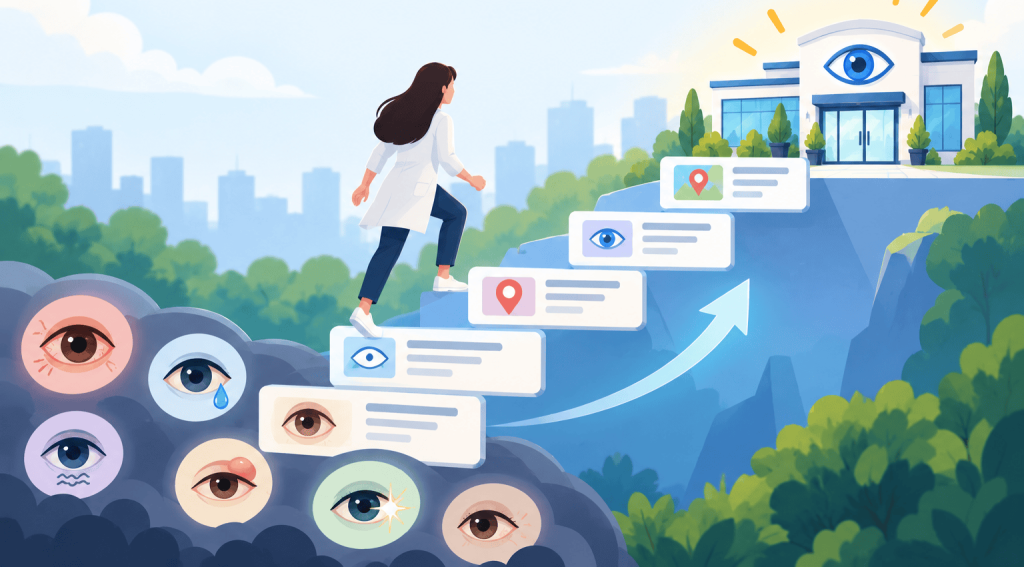 Flat vector illustration showing an eye-care professional climbing search-result steps from common eye symptom icons toward a highlighted eye clinic, representing how symptom-focused content can help clinics rank higher in search.