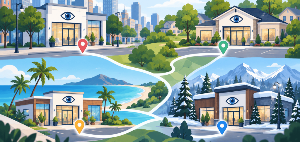 Flat vector illustration showing four eye clinic locations in different settings — urban, suburban, coastal, and snowy mountain — connected by paths and location pins, representing unique content for each clinic location.