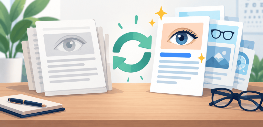 Flat vector illustration showing old eye-care content documents being refreshed into updated, polished content pages, with a refresh symbol, eye-care visuals, glasses, and clinic elements.