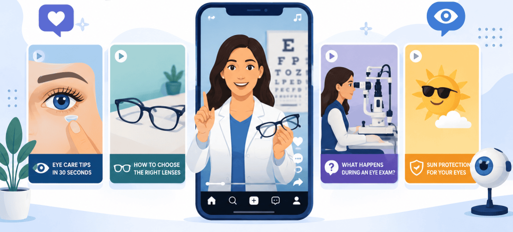 Flat vector illustration showing short-form video ideas for optometrists, with a central optometrist on a phone screen and surrounding eye-care video cards about contact lenses, glasses, eye exams, and sun protection.