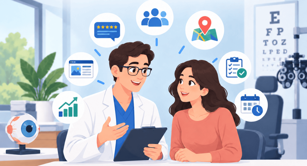 Flat vector illustration of a male eye doctor speaking with a female patient in an eye clinic, surrounded by icons for reviews, patients, location, website quality, growth, appointment timing, and checklist items beyond Google rankings.