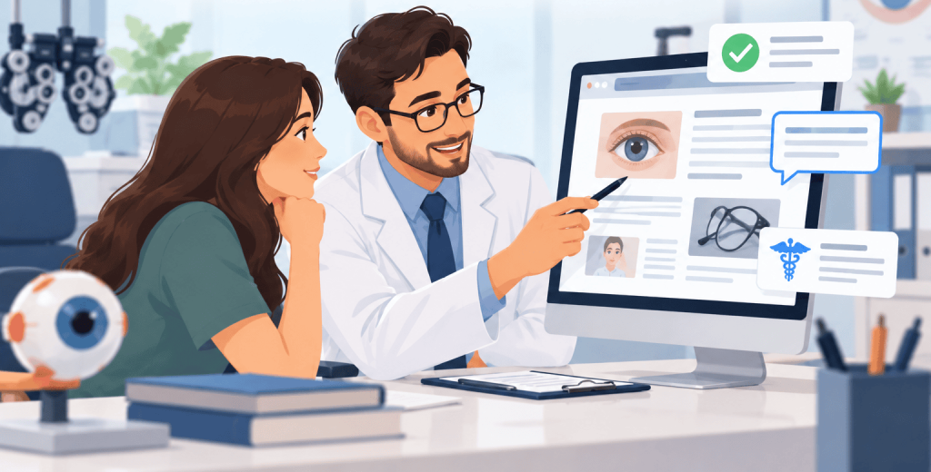 Flat vector illustration of an eye-care professional reviewing website content with a colleague in an eye clinic, showing clinical review, content accuracy, and medical validation for eye-care information.