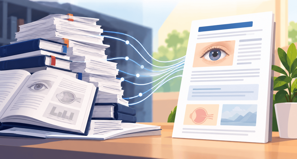 Flat vector illustration showing stacks of medical books and research papers connected by citation lines to a clean, easy-to-read eye-care article page, representing medical sourcing made reader-friendly.