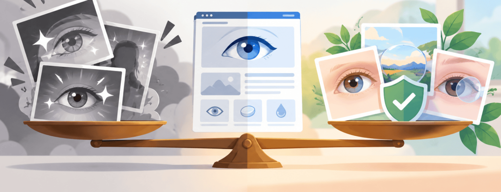 Flat vector illustration showing eye-clinic treatment marketing balanced on a scale, with exaggerated eye-ad visuals on one side and calm, trustworthy treatment visuals with a shield on the other.