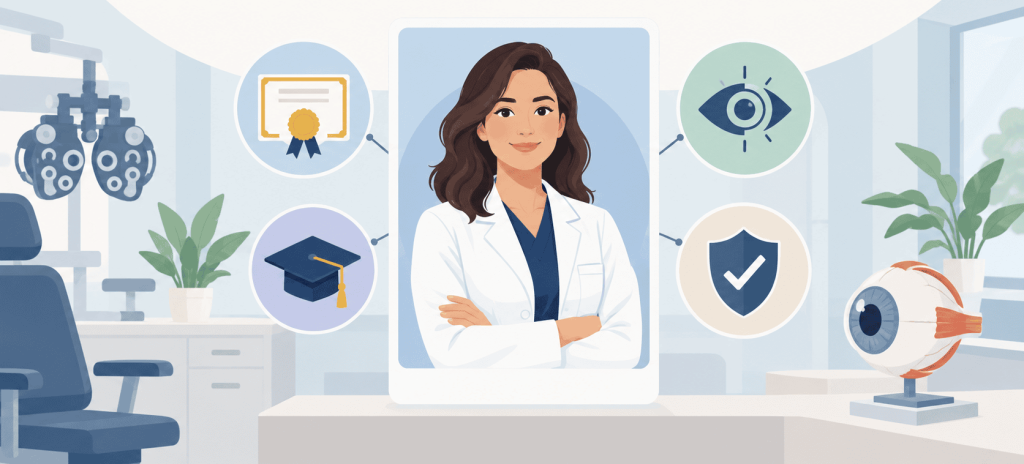 Flat vector illustration showing an eye doctor profile card surrounded by visual icons for credentials, training, specialties, trust, and eye-care expertise inside a modern clinic setting.