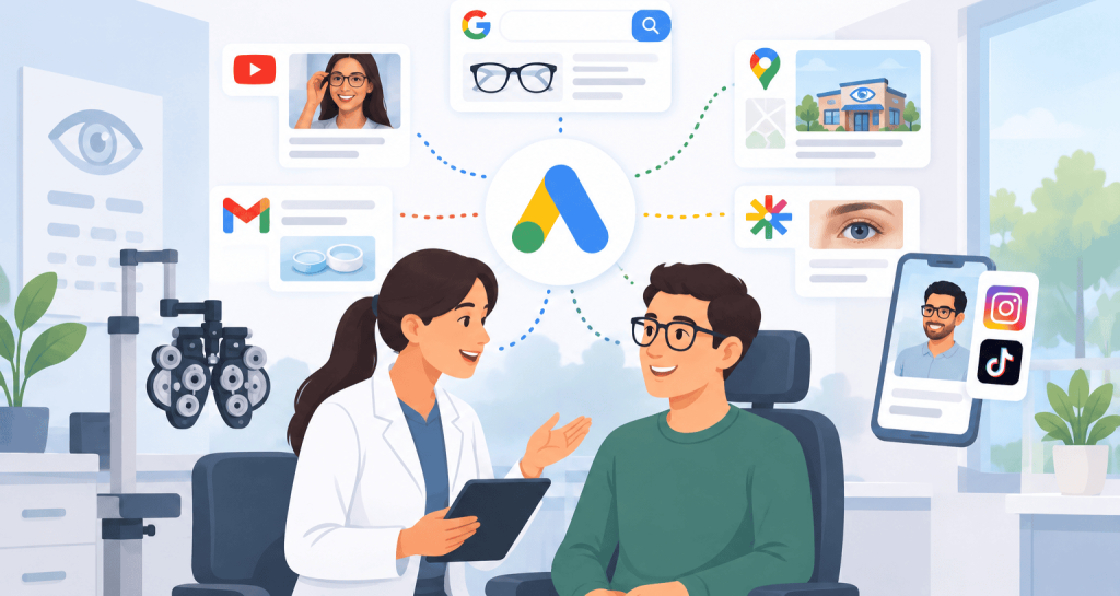 Flat vector illustration of an optometrist consulting with a patient in an eye clinic, with connected digital ad channels and Google Ads-style icons showing how Performance Max can promote eye care services across multiple platforms.