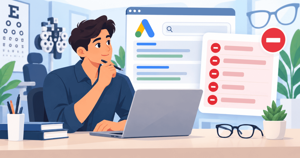 Flat vector illustration showing a person reviewing an optometry Google Ads campaign, with a red blocked-keyword panel and eye-care elements like glasses, an eye chart, and vision testing equipment.