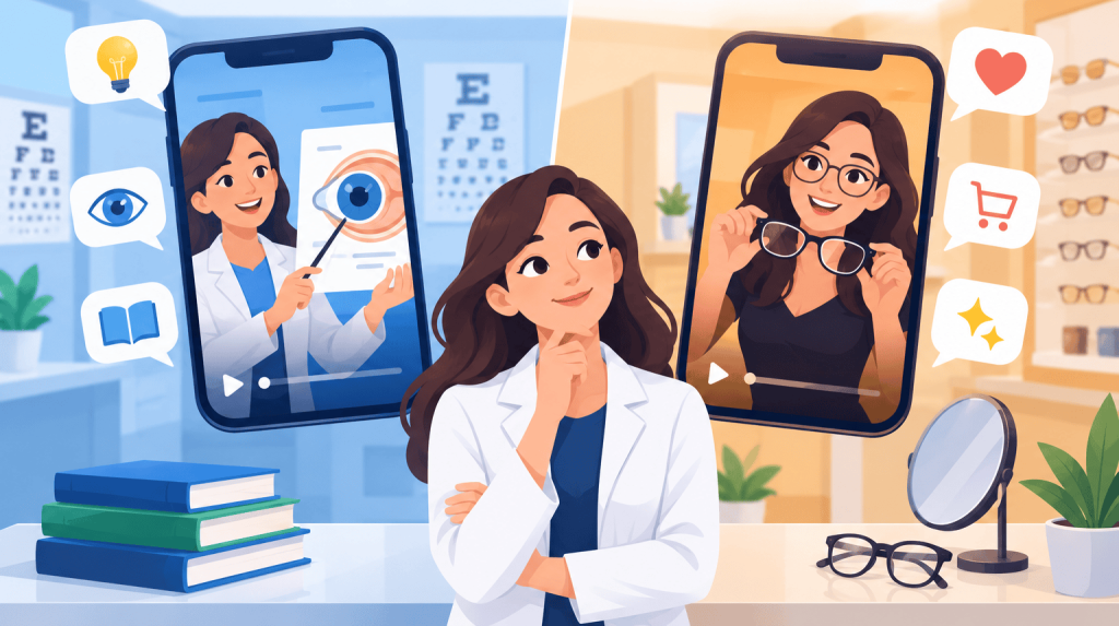 Flat vector illustration showing an optometrist comparing two types of short-form reels for an eye clinic: one focused on patient education and eye-care explanation, and the other focused on promoting eyewear and clinic offerings.
