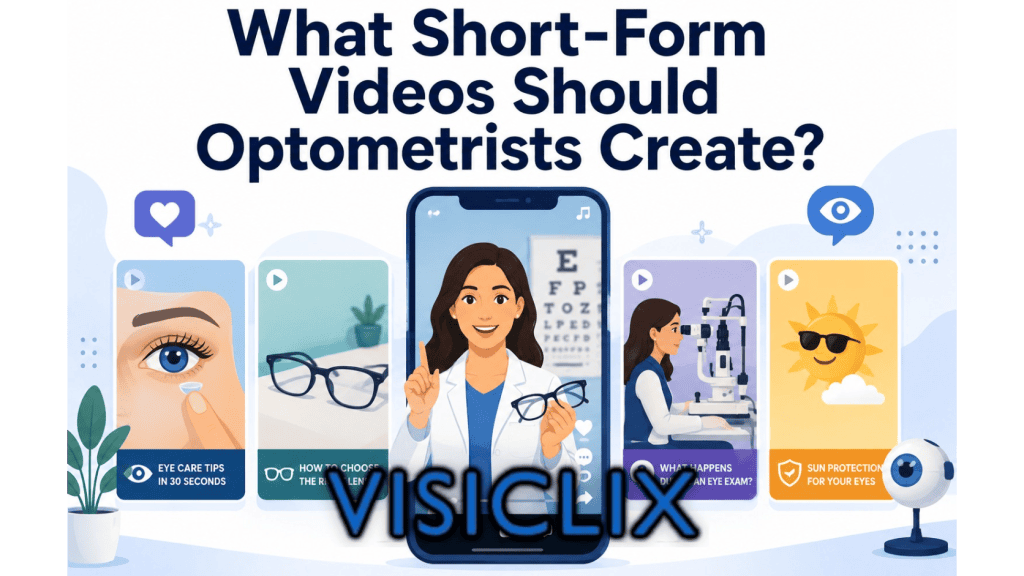 Flat vector illustration showing short-form video ideas for optometrists, with a central optometrist on a phone screen and surrounding eye-care video cards about contact lenses, glasses, eye exams, and sun protection.