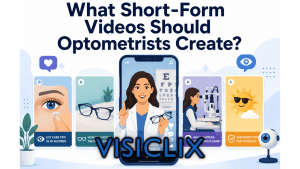 Flat vector illustration showing short-form video ideas for optometrists, with a central optometrist on a phone screen and surrounding eye-care video cards about contact lenses, glasses, eye exams, and sun protection.