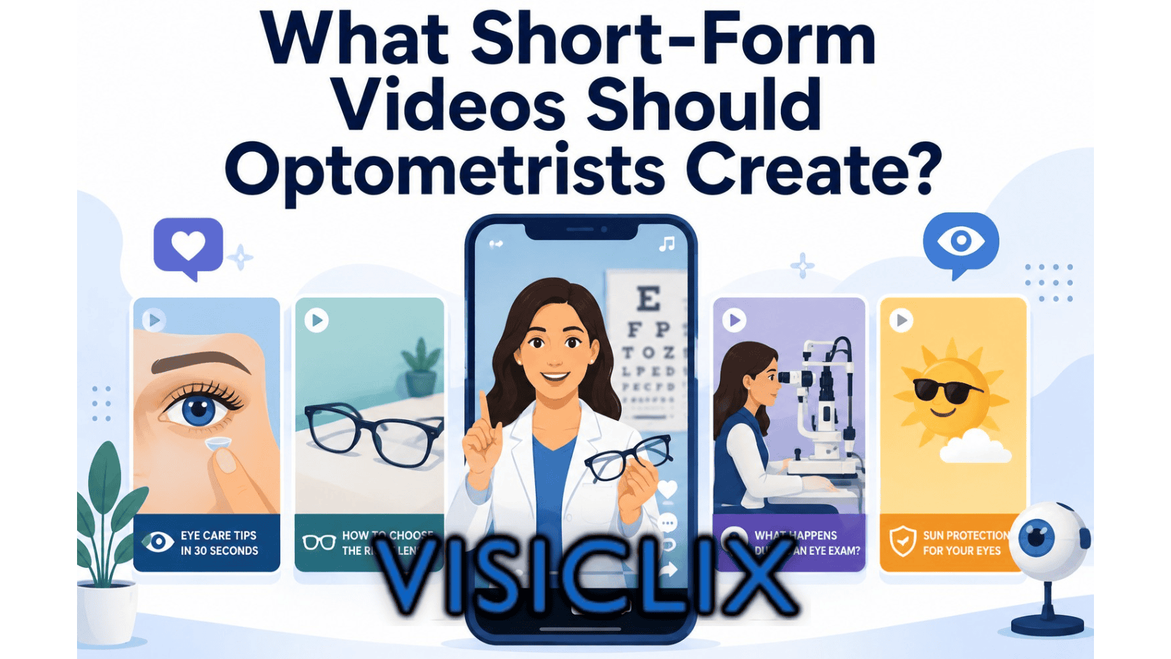 Flat vector illustration showing short-form video ideas for optometrists, with a central optometrist on a phone screen and surrounding eye-care video cards about contact lenses, glasses, eye exams, and sun protection.