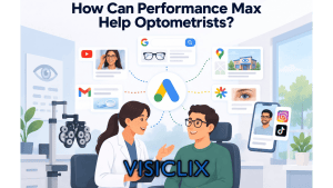 Flat vector illustration of an optometrist consulting with a patient in an eye clinic, with connected digital ad channels and Google Ads-style icons showing how Performance Max can promote eye care services across multiple platforms.
