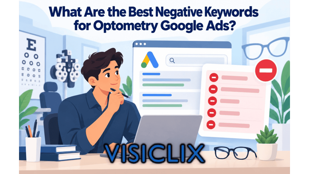 Flat vector illustration showing a person reviewing an optometry Google Ads campaign, with a red blocked-keyword panel and eye-care elements like glasses, an eye chart, and vision testing equipment.