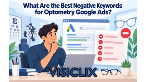 Flat vector illustration showing a person reviewing an optometry Google Ads campaign, with a red blocked-keyword panel and eye-care elements like glasses, an eye chart, and vision testing equipment.