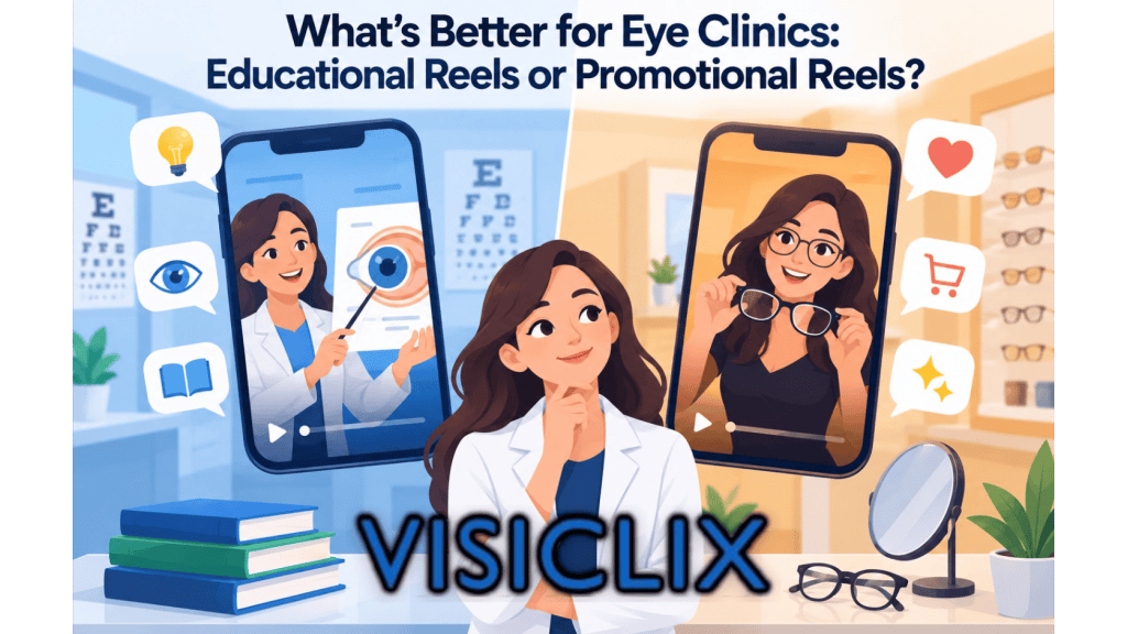 Flat vector illustration showing an optometrist comparing two types of short-form reels for an eye clinic: one focused on patient education and eye-care explanation, and the other focused on promoting eyewear and clinic offerings.